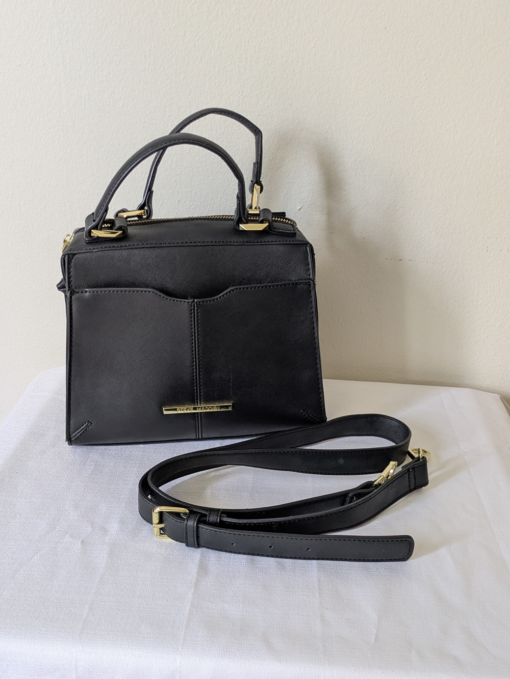 Steve Madden Saffiano Structured Top Handle Satchel Crossbody with Gold Hardware